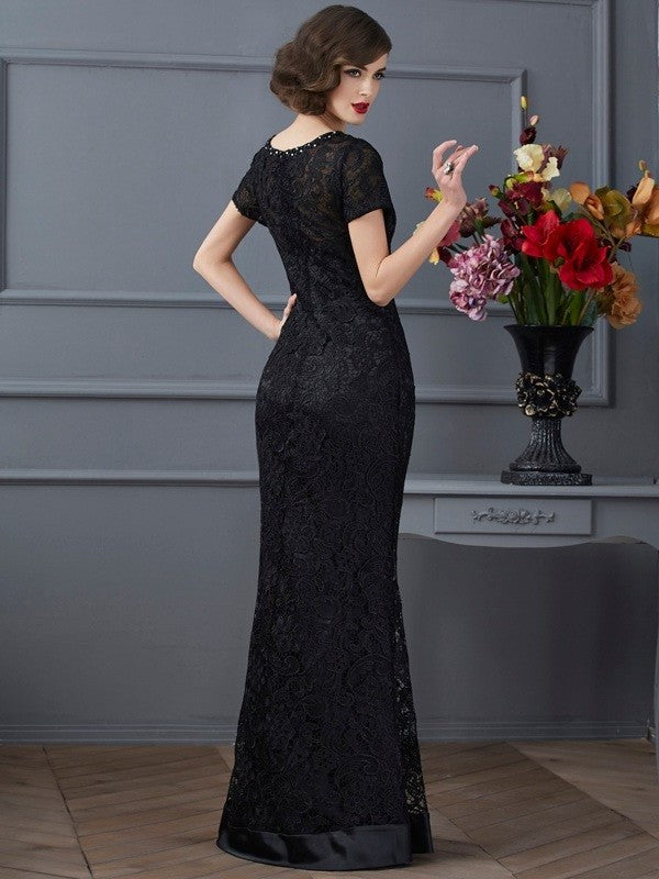 Lace Sheath/Column Short Neck Elastic Sleeves High Long Woven Satin Dresses