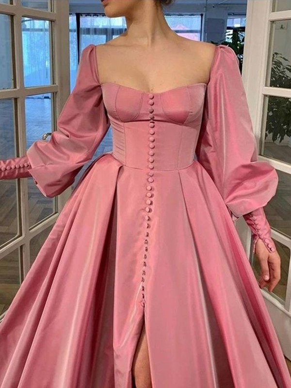 Ruffles Long A-Line/Princess Sleeves Square Satin Floor-Length Dresses