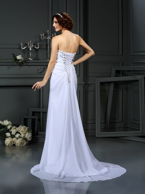 Sleeveless Sheath/Column Long Sweetheart Beading Chiffon Wedding Dresses