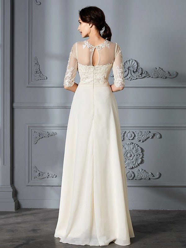 Scoop A-Line/Princess 1/2 Sleeves Floor-Length Chiffon Wedding Dresses