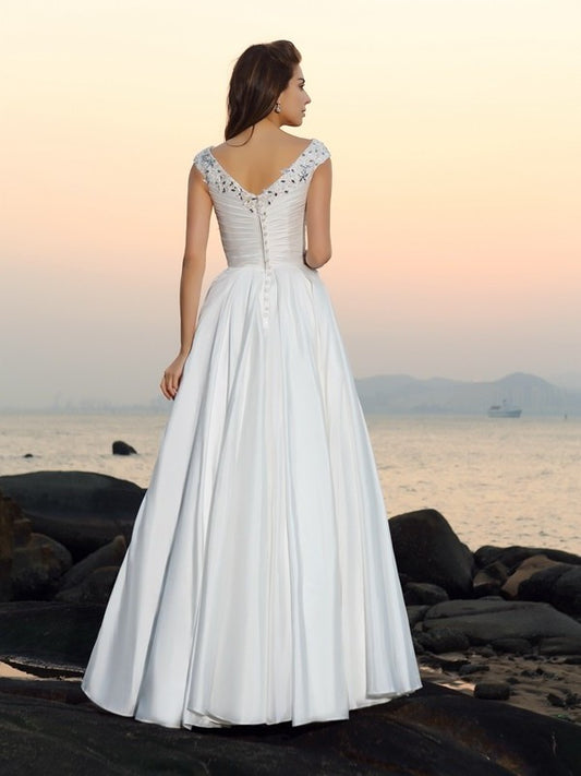 A-Line/Princess Long Sleeveless Taffeta V-neck Beading Beach Wedding Dresses