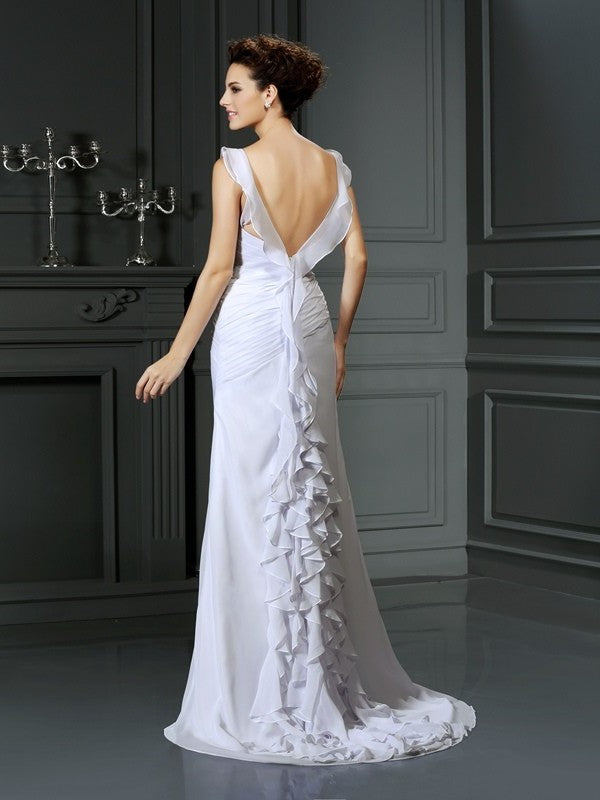 Straps Beading Long Sleeveless Trumpet/Mermaid Chiffon Wedding Dresses