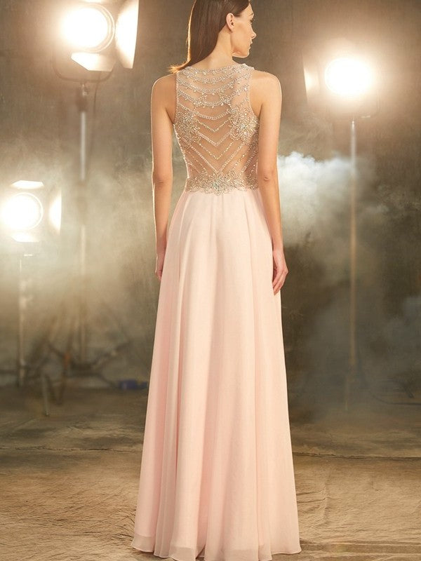 Chiffon A-Line/Princess Scoop Sleeveless Crystal Floor-length Dresses