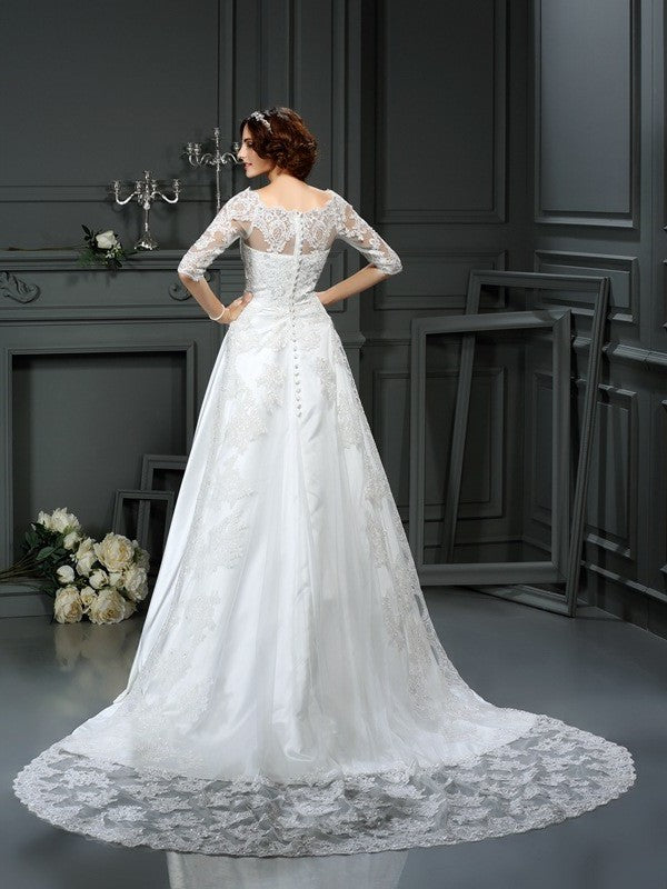 Lace 1/2 Long Sleeves A-Line/Princess Bateau Satin Wedding Dresses