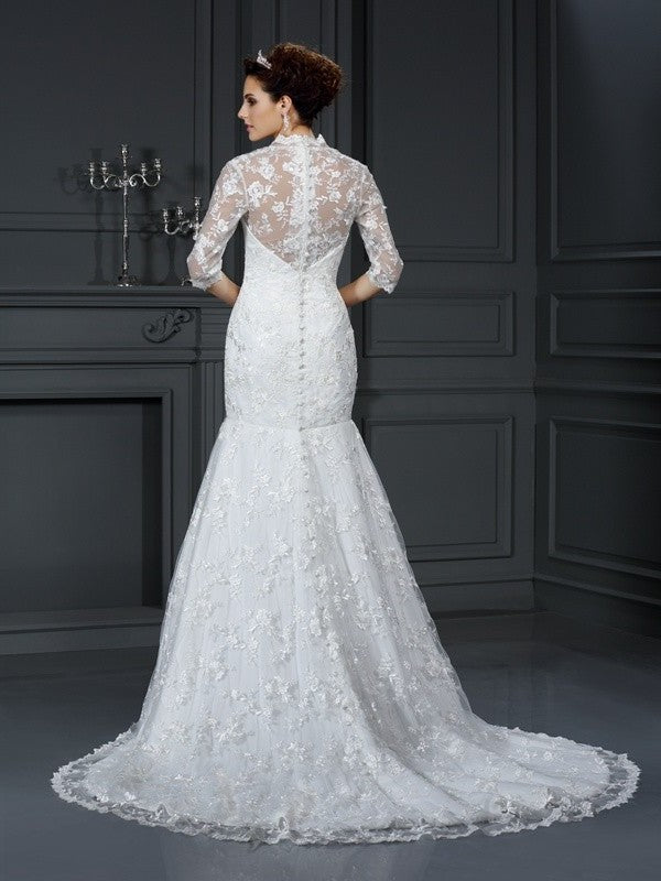 Lace Trumpet/Mermaid Sleeves V-neck Long 1/2 Lace Wedding Dresses