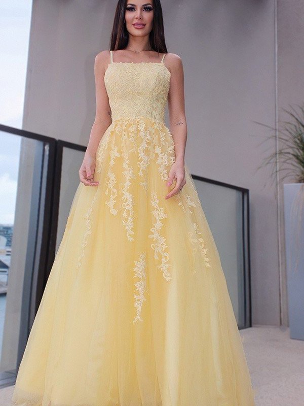 Sleeveless Applique Straps Spaghetti A-Line/Princess Tulle Floor-Length Dresses