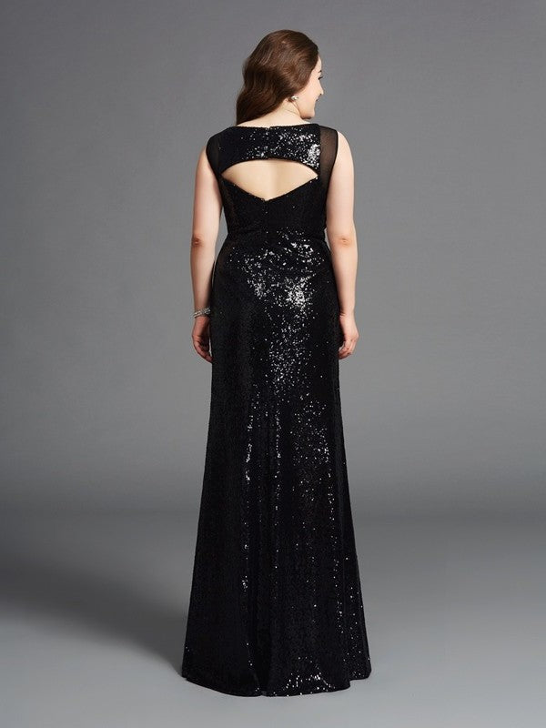 Scoop Sheath/Column Sequins Sleeveless Long Plus Size Dresses