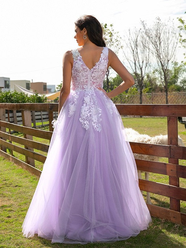 Tulle V-neck A-Line/Princess Applique Sleeveless Floor-Length Dresses