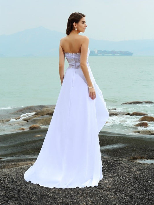 A-Line/Princess Sweetheart Beading Chiffon Sleeveless Long Beach Wedding Dresses