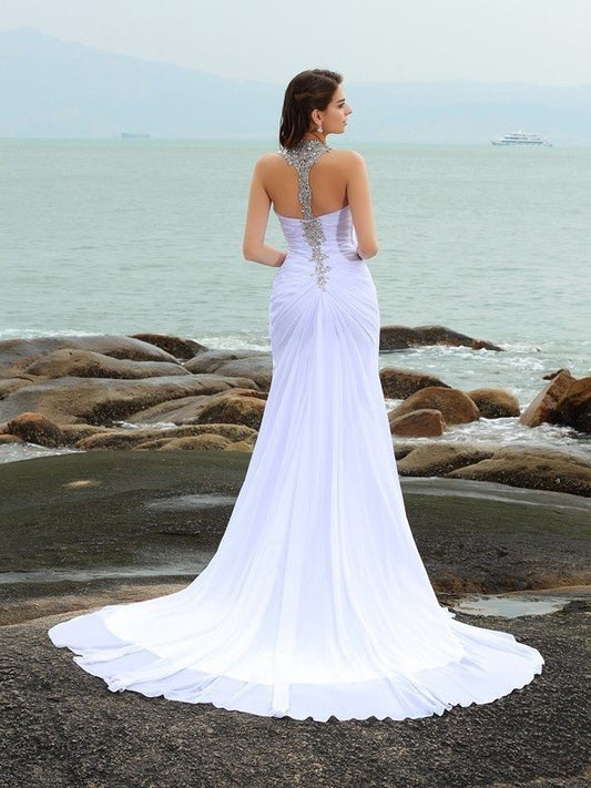 Long Straps Beading Chiffon Sheath/Column Sleeveless Beach Wedding Dresses