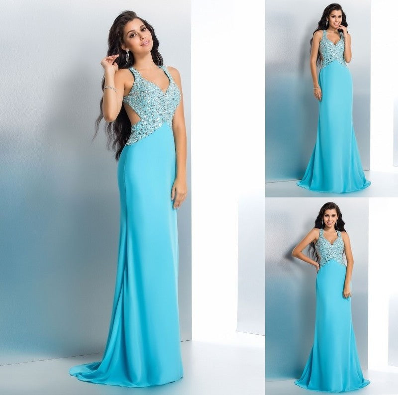 Beading A-Line/Princess Straps Sleeveless Long Chiffon Dresses