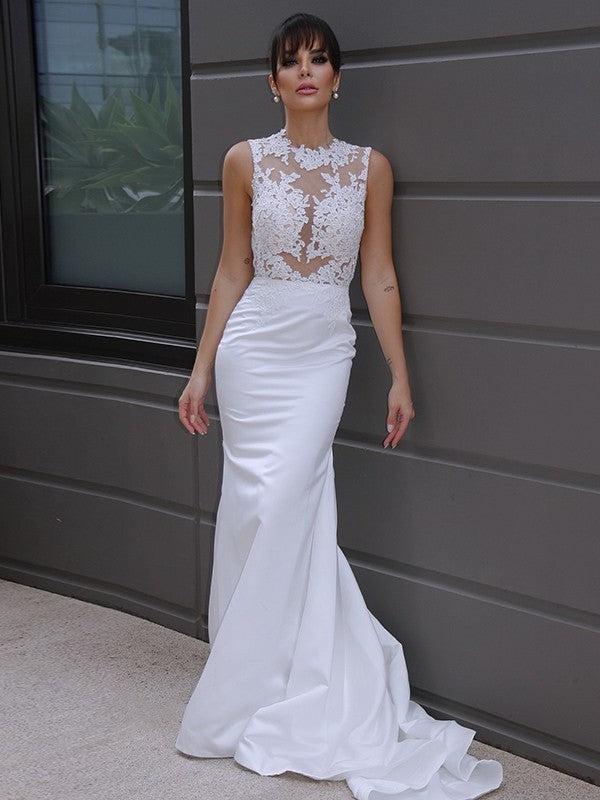 Court Sleeveless Satin Scoop Trumpet/Mermaid Applique Train Wedding Dresses