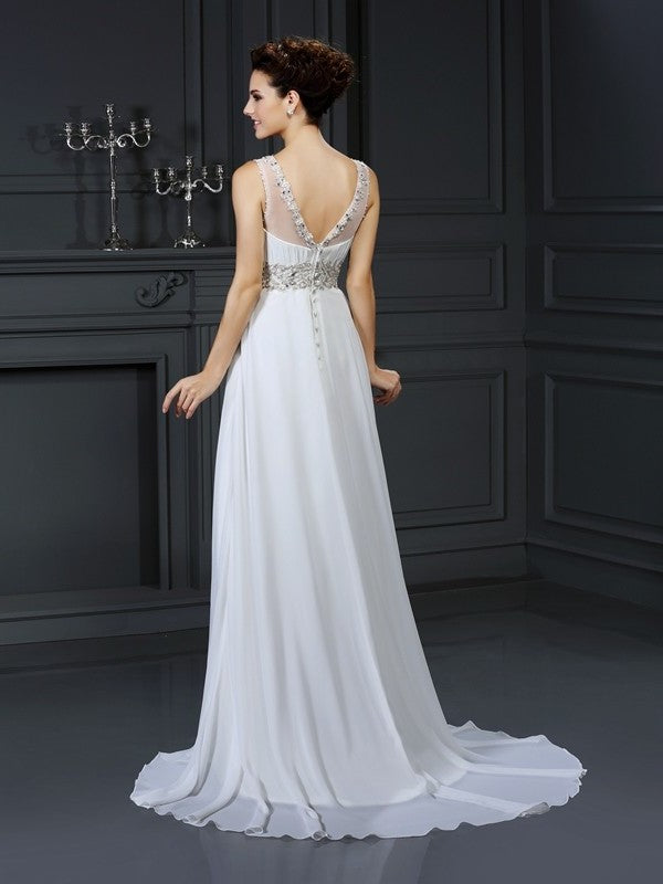 Ruffles Sleeveless Bateau A-Line/Princess Long Chiffon Wedding Dresses