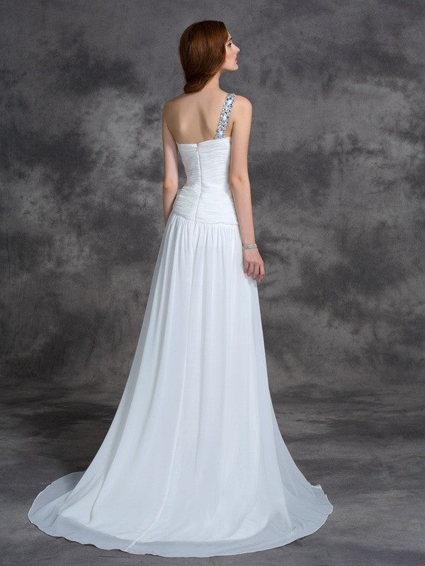 Beading One-Shoulder Sleeveless A-line/Princess Long Chiffon Dresses