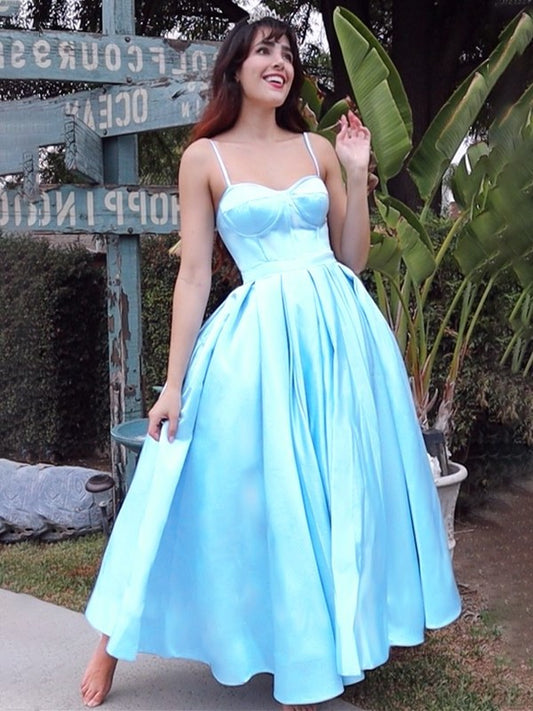 Straps Spaghetti Gown Sleeveless Ruffles Satin Ball Tea-Length Homecoming Dresses