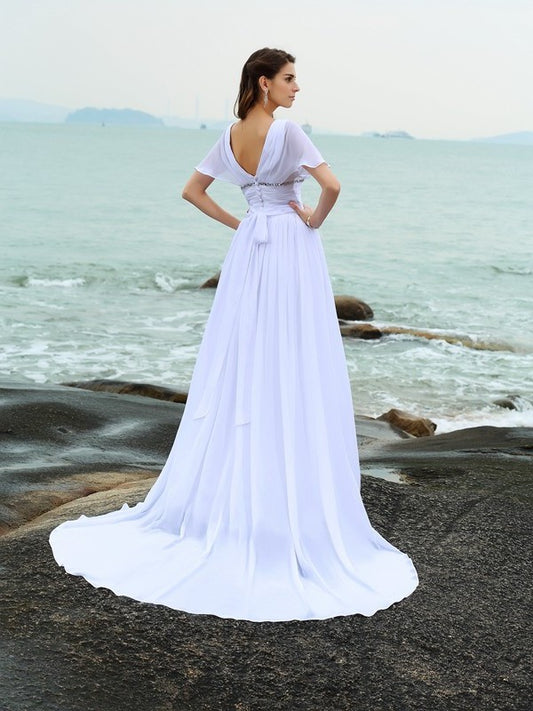 Short Chiffon Long A-Line/Princess Sleeves Ruffles V-neck Beach Wedding Dresses