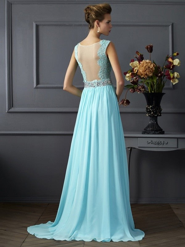 A-Line/Princess Beading Lace Straps Sleeveless Long Chiffon Dresses