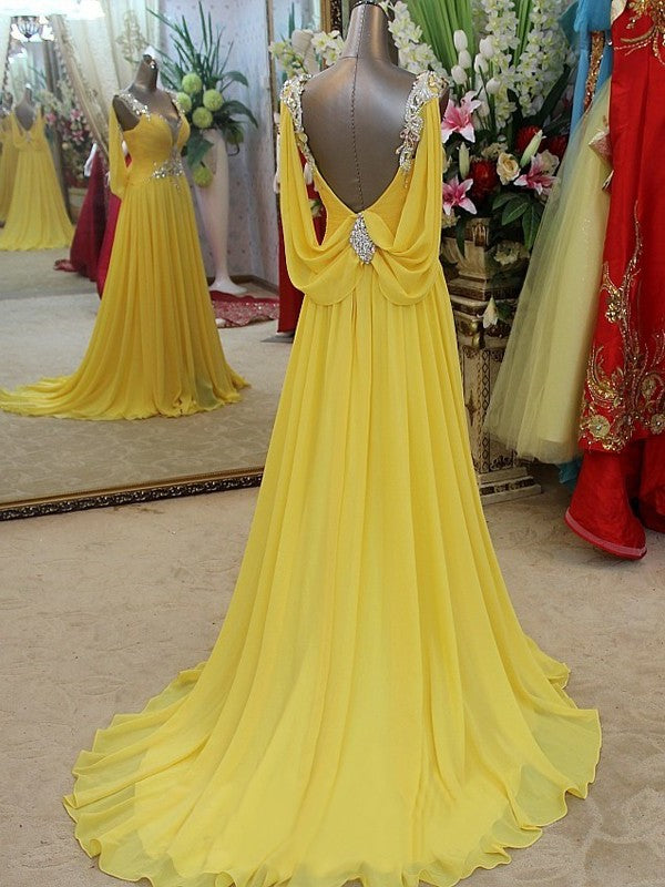 A-line/Princess Sweep/Brush Sleeveless Straps Beading Train Chiffon Dresses