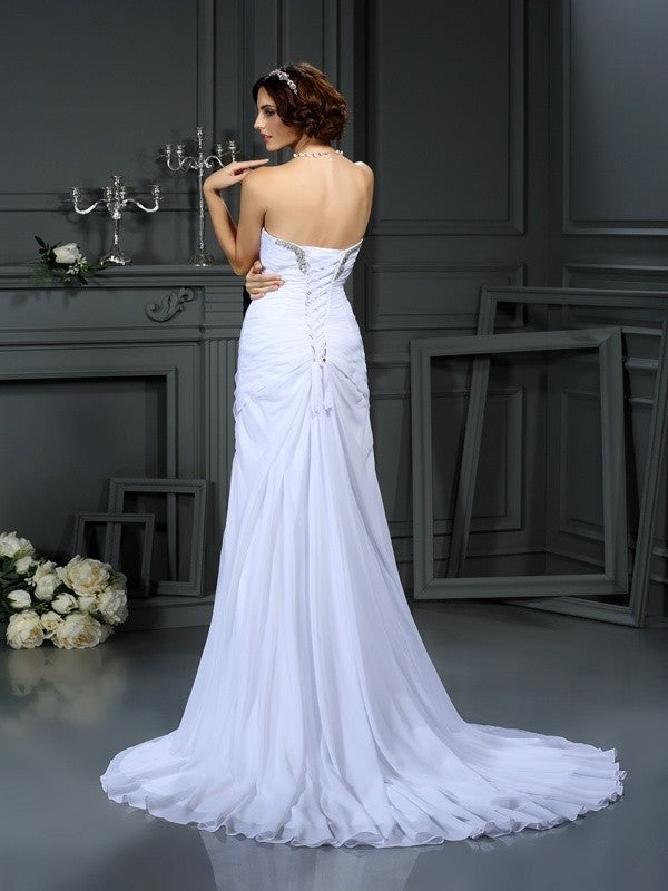 Sheath/Column Sleeveless Long Beading Sweetheart Chiffon Wedding Dresses