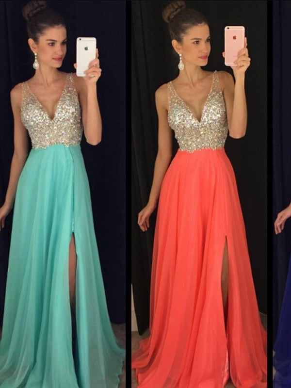 Sleeveless V-neck A-Line/Princess Beading Floor-Length Chiffon Dresses