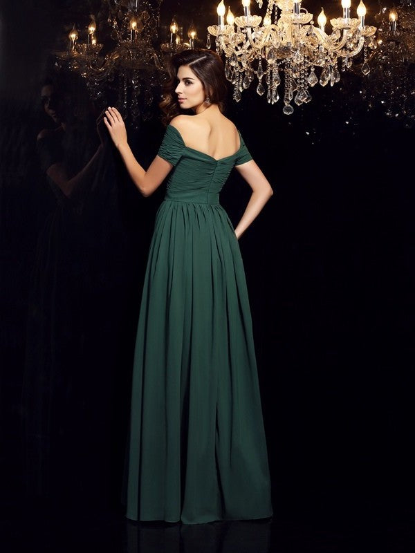 A-Line/Princess Off-the-Shoulder Sleeveless Ruched Long Chiffon Dresses