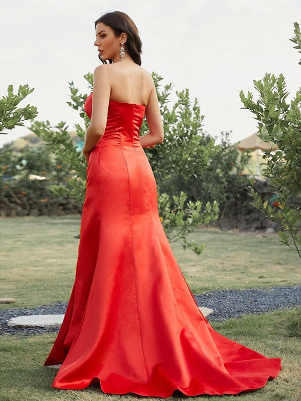 Satin Ruched Sheath/Column Sleeveless Strapless Sweep/Brush Train Dresses