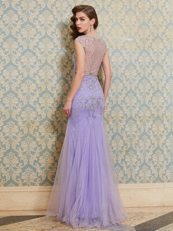 Beading Trumpet/Mermaid Sleeveless Scoop Floor-length Tulle Dresses