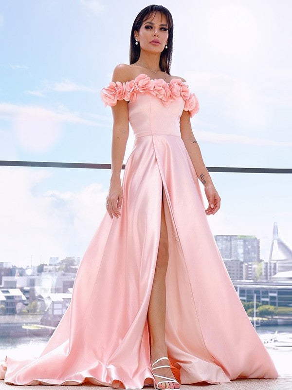 A-Line/Princess Off-the-Shoulder Satin Hand-Made Flower Sleeveless Sweep/Brush Train Dresses