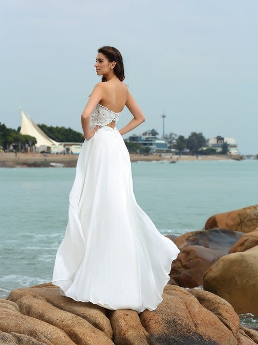 Sweetheart Beading Chiffon A-Line/Princess Long Sleeveless Beach Wedding Dresses