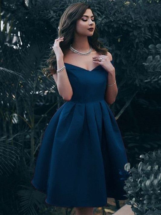 Off-the-Shoulder A-Line/Princess Satin Ruffles Sleeveless Knee-Length Homecoming Dresses