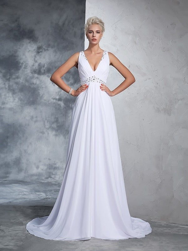 Sleeveless Beading Long V-neck A-Line/Princess Chiffon Wedding Dresses