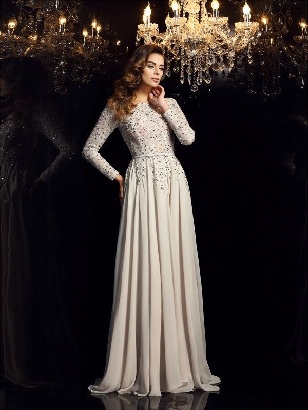 Scoop A-Line/Princess Beading Long Sleeves Long Chiffon Dresses