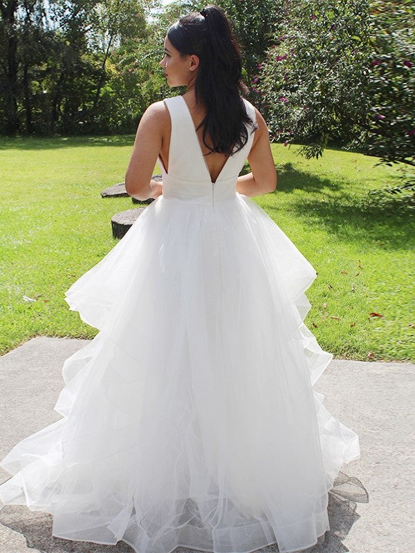 Sleeveless Ball V-neck Gown Ruffles Organza Floor-Length Wedding Dresses