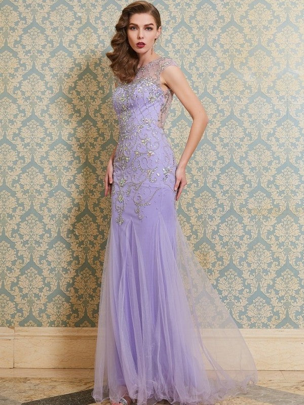 Beading Trumpet/Mermaid Sleeveless Scoop Floor-length Tulle Dresses