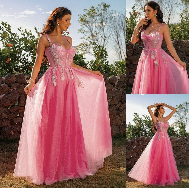 A-Line/Princess Applique Tulle Straps Sleeveless Floor-Length Dresses