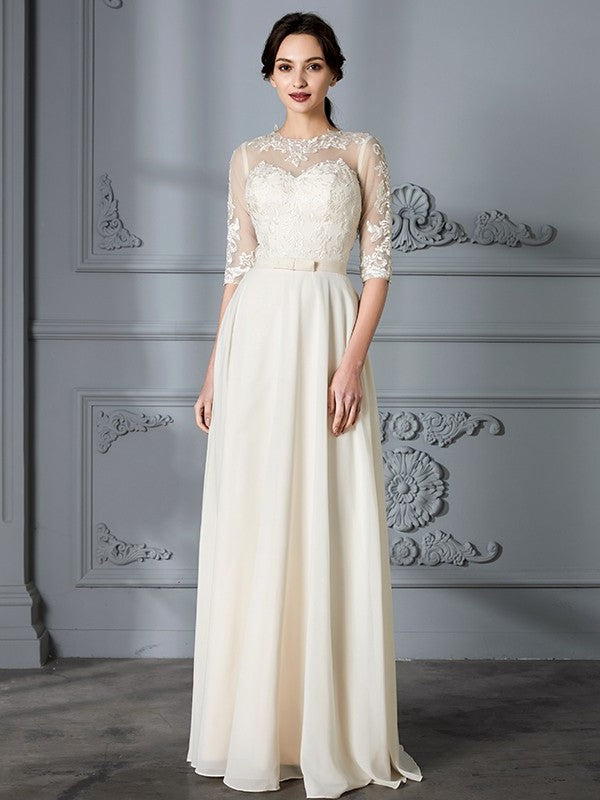 Scoop A-Line/Princess 1/2 Sleeves Floor-Length Chiffon Wedding Dresses