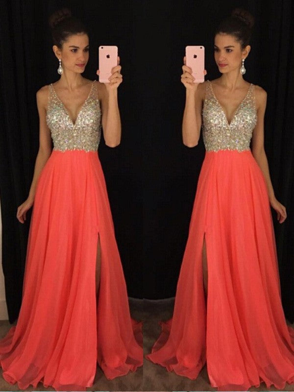 Sleeveless V-neck A-Line/Princess Beading Floor-Length Chiffon Dresses