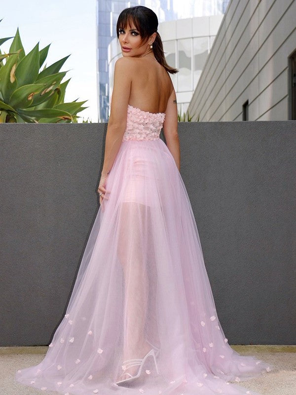 Hand-Made Sleeveless A-Line/Princess Flower Sweetheart Tulle Sweep/Brush Train Dresses