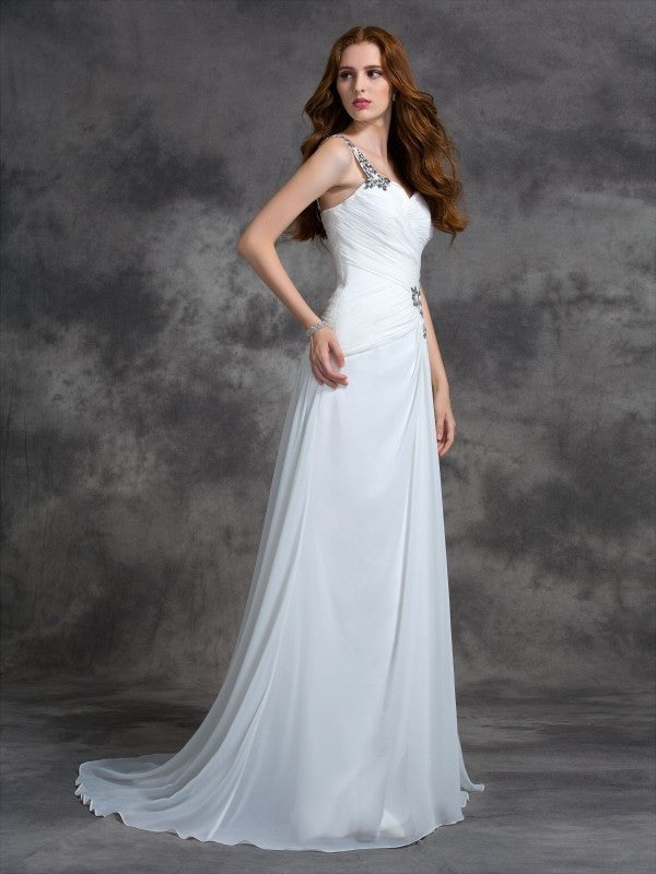 Beading One-Shoulder Sleeveless A-line/Princess Long Chiffon Dresses