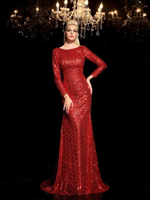 Sheath/Column Sequin Sleeves Long Scoop Long Sequins Dresses