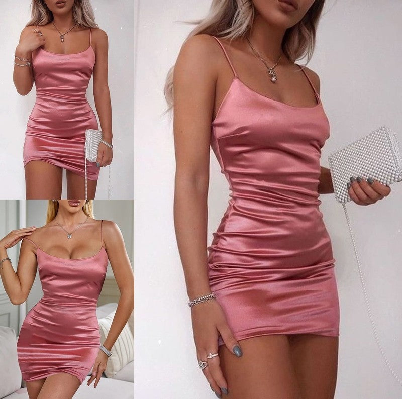 Spaghetti Sleeveless Sheath/Column Straps Woven Satin Ruched Elastic Short/Mini Homecoming Dresses