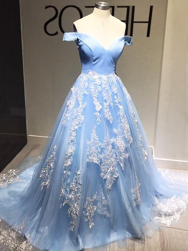 Off-the-Shoulder Tulle Ball Applique Gown Sleeveless Sweep/Brush Train Dresses