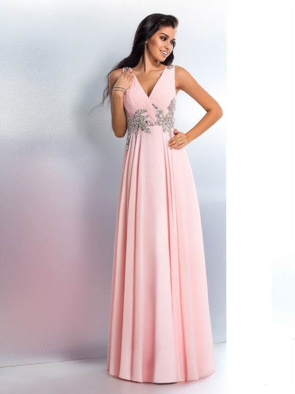 A-Line/Princess Beading V-neck Sleeveless Long Chiffon Dresses