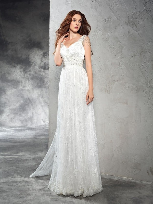 A-Line/Princess Straps Sleeveless Long Lace Lace Wedding Dresses