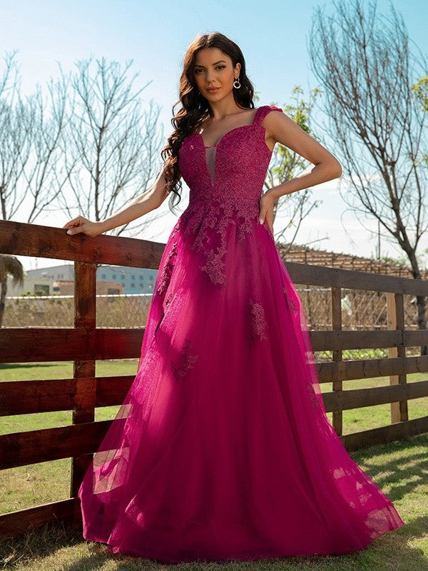 A-Line/Princess V-neck Applique Tulle Sleeveless Floor-Length Dresses