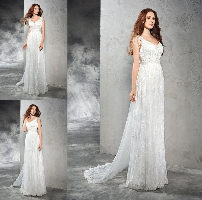 A-Line/Princess Straps Sleeveless Long Lace Lace Wedding Dresses