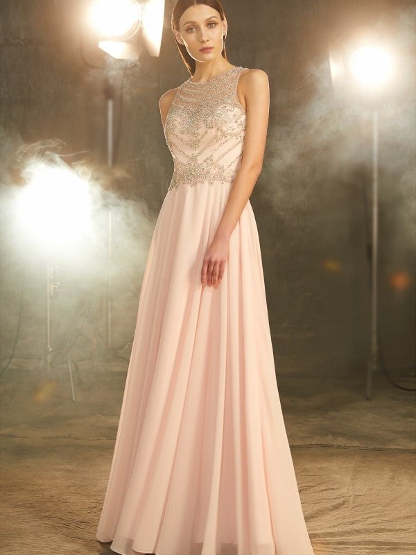 Chiffon A-Line/Princess Scoop Sleeveless Crystal Floor-length Dresses