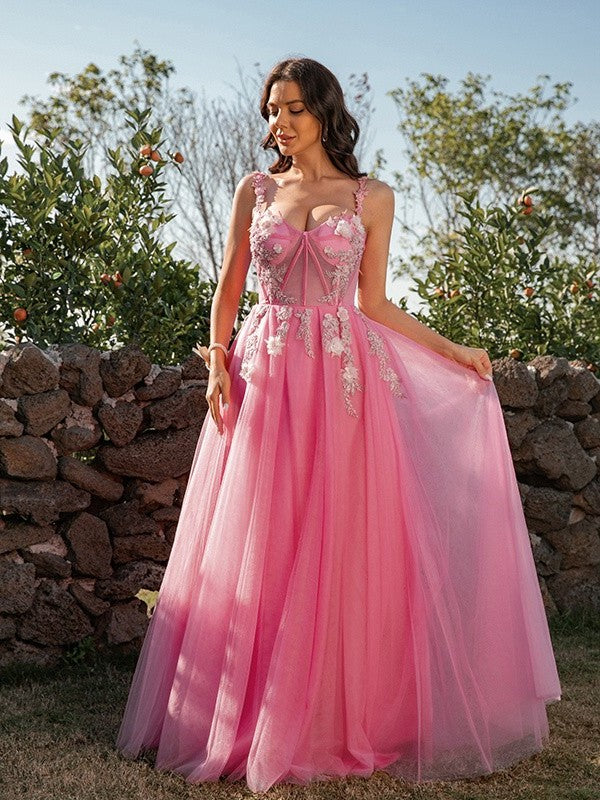 A-Line/Princess Applique Tulle Straps Sleeveless Floor-Length Dresses