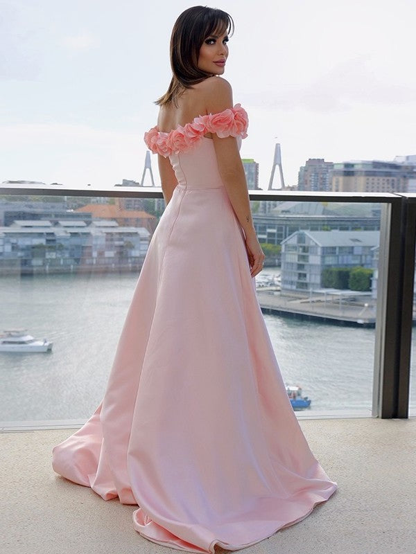 A-Line/Princess Off-the-Shoulder Satin Hand-Made Flower Sleeveless Sweep/Brush Train Dresses