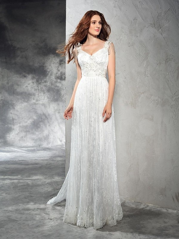 A-Line/Princess Straps Sleeveless Long Lace Lace Wedding Dresses